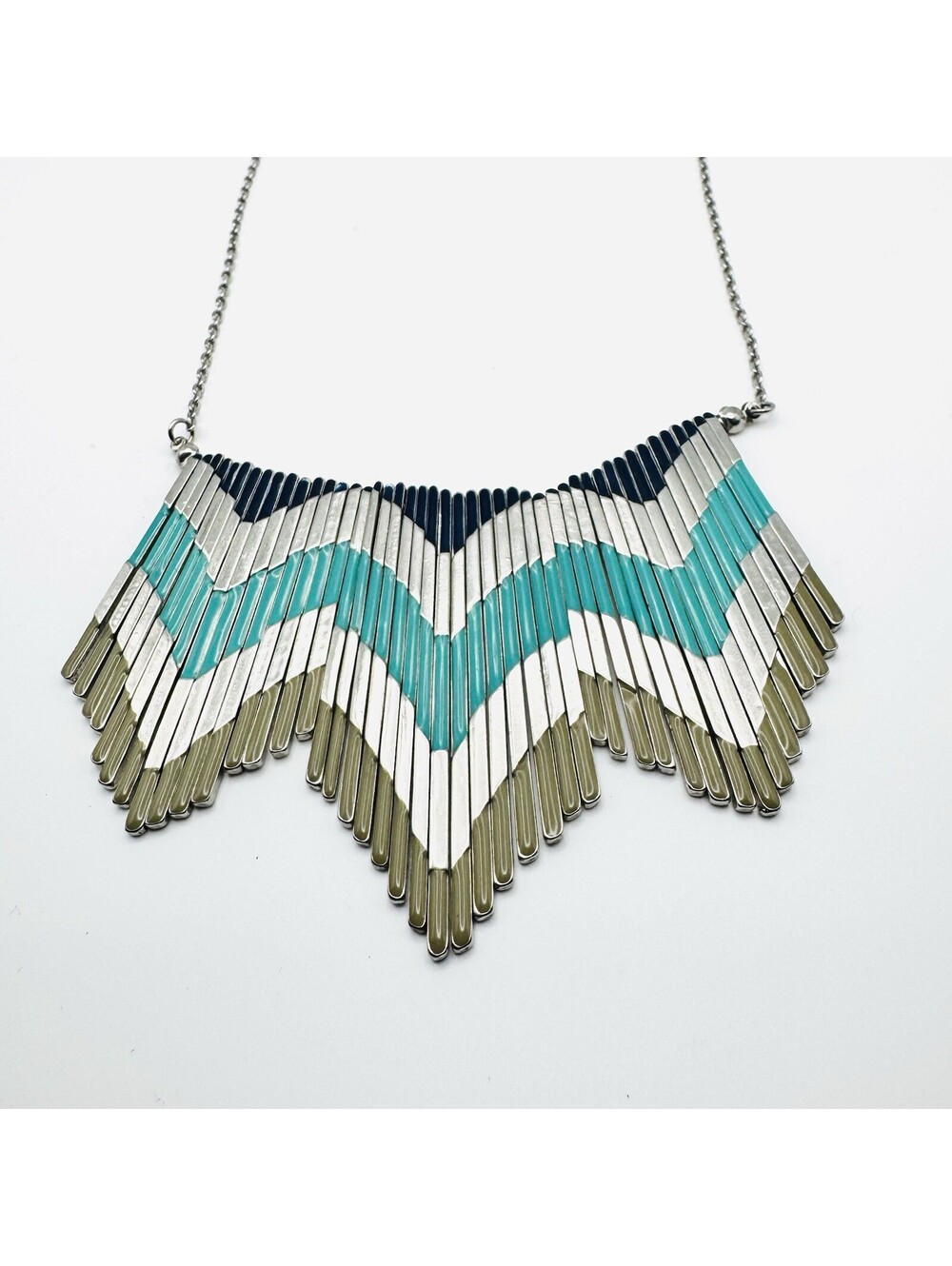 Retro Boho/Tribal Statement Necklace, Metal Fringe, Silver Tone